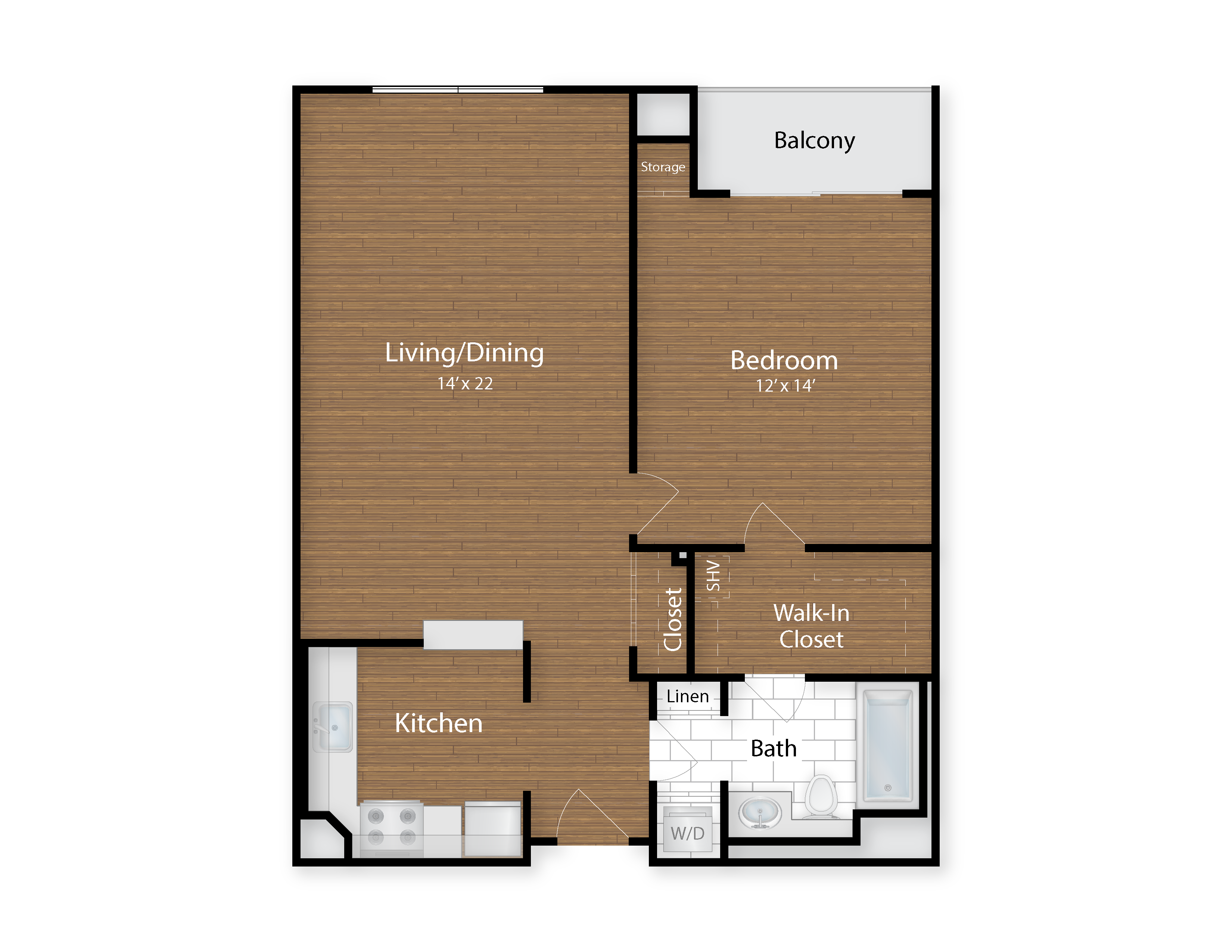 Floor plan for 1 bed, 1 bath, 856 sqft